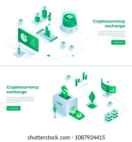 Cryptocurrency exchange and blockchain isometric compositions. infographics vector illustrations.