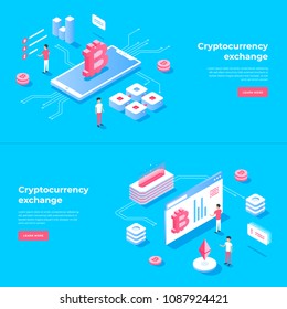Composiciones isométricas para el intercambio de criptodivisa y la cadena de bloqueo. ilustraciones vectoriales infográficas.
