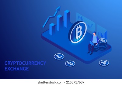 Cryptocurrency exchange and blockchain market, man analyzing cryptocurrency, financial and investment in digital asset, vector illustration