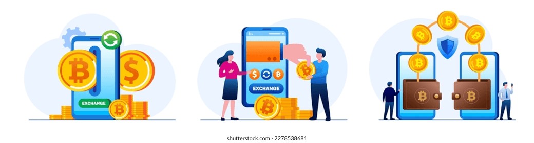 Cryptocurrency exchange. Blockchain technology, bitcoin, altcoins, cryptocurrency mining, finance, digital money market, cryptocoin wallet, crypto exchange Flat design vector illustration