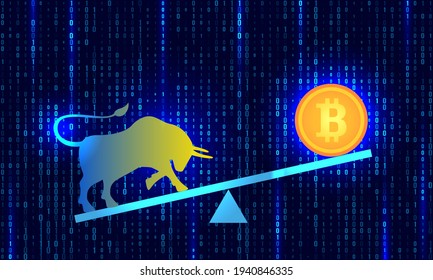 cryptocurrency exchange bull market concept. Bitcoin bull and coin on balance weights against the background of mining matrix binary code. Vector illustration