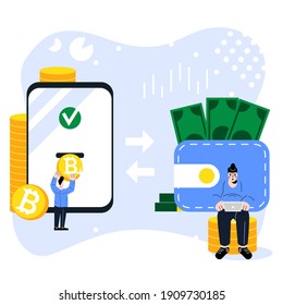 Kryptowährungswechsel in Bargeld. Bitcoin auf USD-Umrechnung. Funny People Characters Transfering Bitcoin, Kaufen von Waren oder Online-Zahlungen mit virtueller Währung.