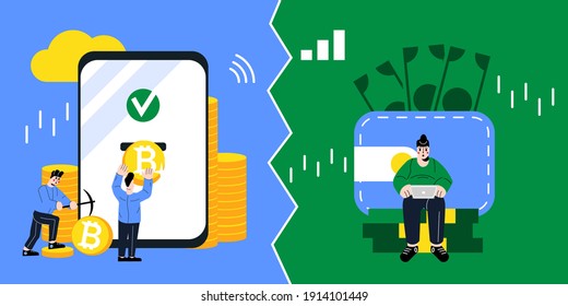 Cryptocurrency Exchange to Cash. Bitcoin to USD Conversion. Funny People Characters Transfering Bitcoin, Buying Goods or Making Online Payments using Virtual Currency.
