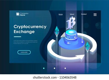 Cryptocurrency Exchange concept. Bitcoin mining farm. Creating digital currency. Concept for landing page, web design, banner and presentation. 3d isometric flat design. Vector illustration.