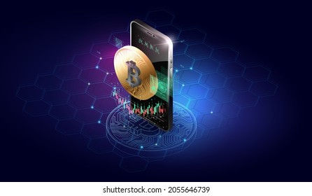 cryptocurrency exchange concept. Blockchain, Bitcoin mining Illustration. Trade exchange app on phone screen.