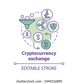 Cryptocurrency exchange concept icon. Trading digital currency for other assets idea thin line illustration. Online business. Payment method. Vector isolated outline drawing. Editable stroke