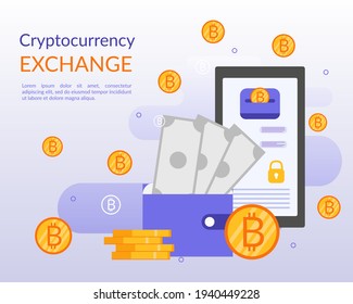 Cryptowährungs-Umtauschkonzept-Illustration. Flache Illustration mit Telefon, Geldbörse, Dollar, goldene Bitcoin, Platz für Ihren Text. Multicurrency-Geldbörse. Online-Vektorgrafik.