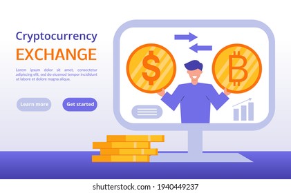 Cryptocurrency exchange concept illustration. Man on the screen of monitor with bitcoin and dollar golden coin in his hand. Multicurrency wallet.Online flat vector illustration. Place for your text.
