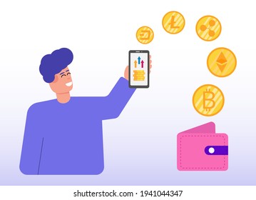 Cryptocurrency exchange concept illustration. Man with phone, zcash,dash,bitcoin, ethereum,ripple and litecoin. Multicurrency wallet.Online vector illustration.Cryptocurrency from smartphone to wallet