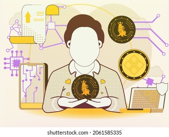 Cryptocurrency exchange concept with a man, golden coin. Businessman holding bitcoin sign.  Web money, Block chain technology, investment process. Trader makes money. Landing page vector template