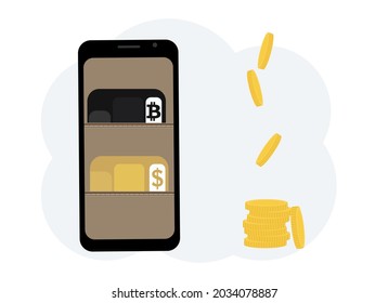 Cryptocurrency exchange concept. Mobile phone with illustration of a wallet with plastic cards for cryptocurrency and currency.. Vector illustration