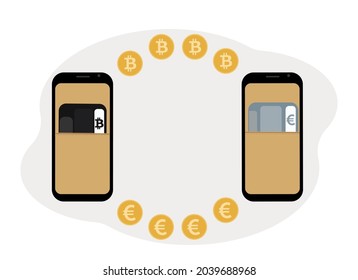 Concepto de intercambio de criptodivisa. Teléfono móvil con ilustración de una cartera con tarjetas plásticas para criptodivisa y moneda. Ilustración del vector