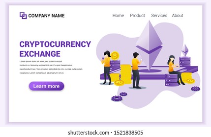 Cryptocurrency Exchange concept with people using on Mobile phone for exchange of Bitcoin and digital currencies. Can used for Web banner, landing page, web template. Modern flat vector illustration