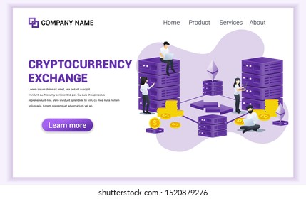 Cryptocurrency Exchange concept with people working on laptop and server for exchange of Bitcoin and digital currencies. Can used for Web banner, landing page, web template. Flat vector illustration