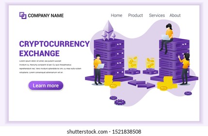 Cryptocurrency Exchange concept with people working on laptop and server for exchange of Bitcoin and digital currencies. Can used for Web banner, landing page, web template. Flat vector illustration