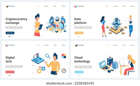 Cryptocurrency exchange, digital technology, data storage service set vector illustration. Cartoon tiny people work with big network of cloud center, financial platform, software and database system