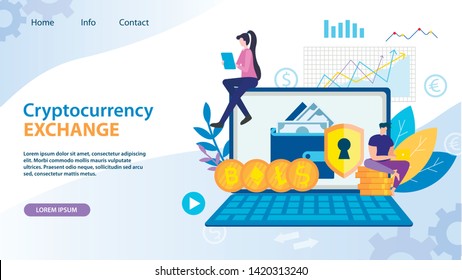 Cryptocurrency Exchange. Dollar Bitcoin Ethereum Coins Virtual Wallet Vector Illustration. Man and Woman with Computer. Currency Price Graph Growth Rate Analysis. Online Bank Blockchain Technology