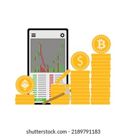 El intercambio de criptodivisa gana dinero como comerciante, aplicación móvil para obtener ingresos. Ilustración vectorial. Concepto de banco virtual, aplicaciones móviles criptodivisa, comercio de efectivo didgital