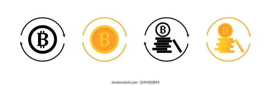 Cryptocurrency exchange flat icons set - bitcoin money transfer arrows vector.