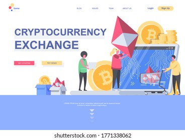 Cryptocurrency exchange flat landing page template. Digital money market, exchange and trading situation. Web page with people characters. Cryptocurrency and blockchain technology vector illustration.