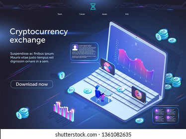 Cryptocurrency Exchange Horizontal Banner. Tiny Male Character Sitting in Front of Huge Laptop Screen with Analytics Financial Data Diagram Digital Business Technology 3D Isometric Vector Illustration