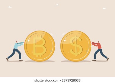 Cryptocurrency exchange, investing cash in digital currency, growth and popularity of cryptocurrencies in market, replenishment of a virtual wallet, men roll dollar coin and bitcoin to exchange.