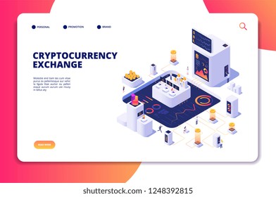 Cryptocurrency exchange isometric concept. Blockchain exchange, crypto trade transactions. Digital economics vector landing page