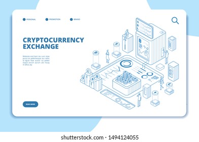 Cryptocurrency exchange isometric concept. Modern trade technology blockchain exchange. Digital crypto business vector landing page