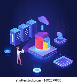 Cryptocurrency exchange isometric dark neon vector illustration. Futuristic electronic machine. Share info online. Upload data to cloud server. Trading service cartoon conceptual design element