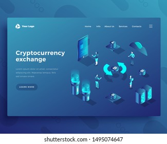 Cryptocurrency exchange isometric landing page template. Virtual space monetary transactions. Cyber money financial marketplace technology. Bitcoin purchase software website design layout