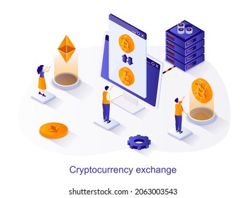 Cryptocurrency exchange isometric web concept. People making crypto trade transactions. Crypto business, bitcoin coin exchange commerce scene. Vector illustration for website template in 3d design