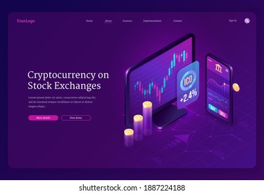 Cryptocurrency exchange market isometric landing page. digital money mining, computer and smartphone screen with trading chart. Blockchain technology business solution 3d vector ultraviolet web banner