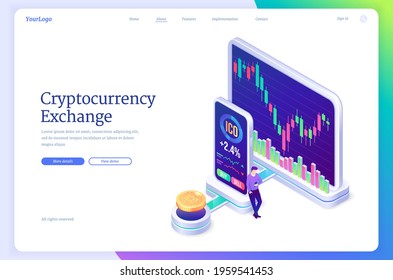 Cryptocurrency exchange market isometric landing page. digital money mining, man at huge computer and smartphone screen with trading chart. Blockchain technology business solution 3d vector web banner