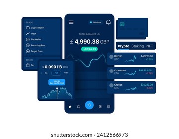 Cryptocurrency Exchange Mobile Application. Flying Individual interface elements. Vector illustration