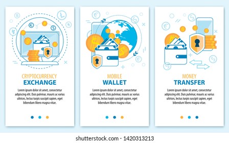 Cryptocurrency Exchange. Mobile Wallet. Money Transfer Banner Set. Blockchain Technology. Online Secure Payment Service. Ecommerce Internet Electronic Currency. Buy Cashless Pay Global Market