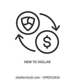 Cambio de criptodivisa. Icono de línea NEM a dólar aislado en fondo blanco. Ilustración del vector