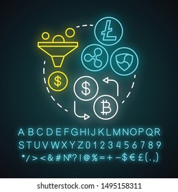 Cryptocurrency exchange neon light concept icon. Trading digital currency for other assets idea. Online business. Glowing sign with alphabet, numbers and symbols. Vector isolated illustration