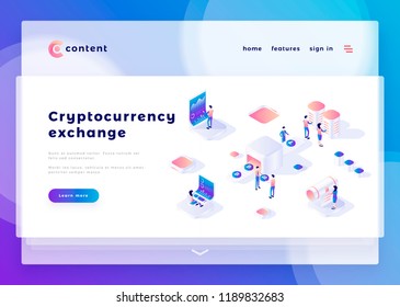 Cryptocurrency exchange office people and interact with computers. Landing page template. 3d isometric vector illustration.