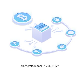Cryptocurrency exchange platform.  Bitcoin convertation concept. Vector illustration in isometric style. Isolated on white background