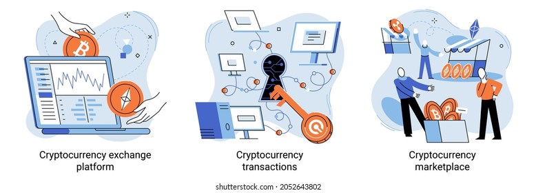 Cryptocurrency exchange platform, bitcoin transactions, cryptocurrency marketplace for exchange of Bitcoin and digital currencies vector set. People working on laptop computers and giant crypto coins