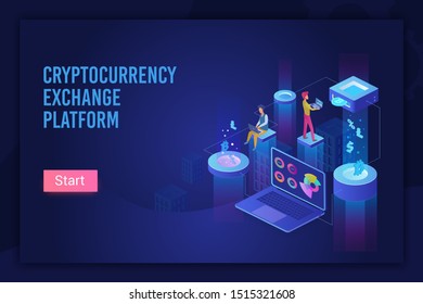 Cryptocurrency exchange platform dark ultraviolet light landing page vector template. Blockchain technology isometric composition. Crypto infographics vector illustration.