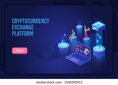 Cryptocurrency exchange platform dark ultraviolet light landing page vector template. Blockchain technology isometric composition. Crypto infographics vector illustration