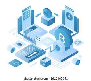 Cryptocurrency exchange platform isometric vector illustration. Online digital service for currency holders. Blockchain technology, internet banking. Global trading cartoon conceptual design element