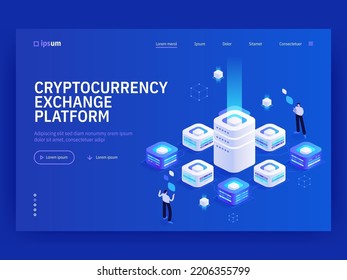 Cryptocurrency exchange platform isometric vector image on blue background. Digital place to buy and sell cyber cash. Free business. Web banner with space for text. Composition with 3d components