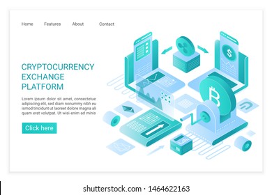 Cryptocurrency exchange platform landing page vector template. Cryptocurrency marketplace for exchange of Bitcoin and other digital crypto currencies. Isometric vector illustration.