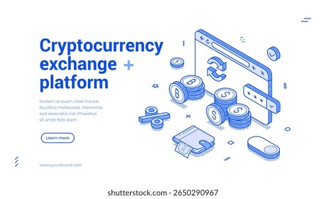 Plataforma de troca de criptomoedas online trading outline isométrica web banner design modelo vetor ilustração. Página inicial da conta de mineração virtual de cadeia de blocos de bitcoin digital finance digital money