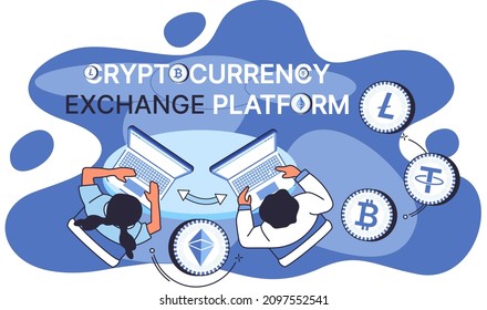 Cryptocurrency exchange platform vector illustration. Employees analyze digital trading market. Investment in cryptocurrency and blockchain technology. Work in mining and exchange of digital money