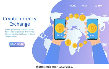 Cryptocurrency exchange, read more, transactions with cryptocurrency by phone, buying, selling, on the background of the earth map. Vector illustration