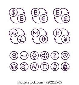 Cryptocurrency exchange signs set. Various currencies symbols. United States Dollar, Euro, Pound Sterling, Japanese Yen, Chinese Yuan. Linear illustration