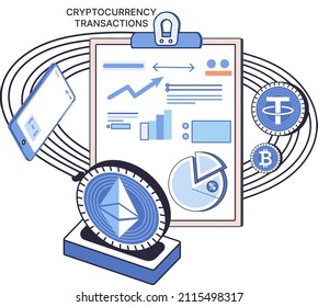 Kryptowährungs-Devisen und Transaktionen. Bitcoin-Brieftasche, Ethereum-Börsenplattform für den Handel mit digitalem Geld, Investitionstechnologie. Online-Geldmarkt, Finanzhandel. Elektronisches Devisengeschäft